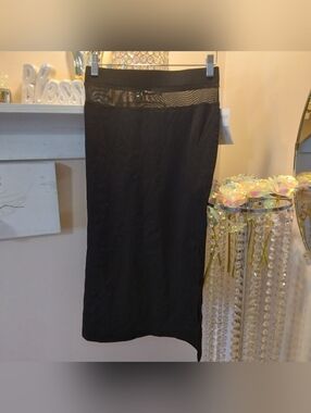 Sleek Black Midi Pencil Skirt with Sheer Waist Detail